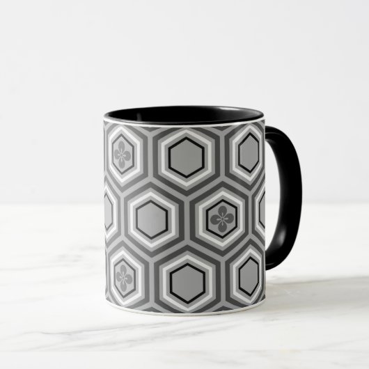 Mug Hexagonal Kimono Print, Grey / Grey and White (Devant droit)