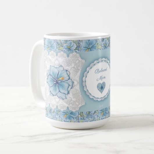 Mug Hibiscus & dentelle TURQUOISE (Devant gauche)