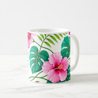 Mug Hibiscus rose tropical et feuilles de Monstera