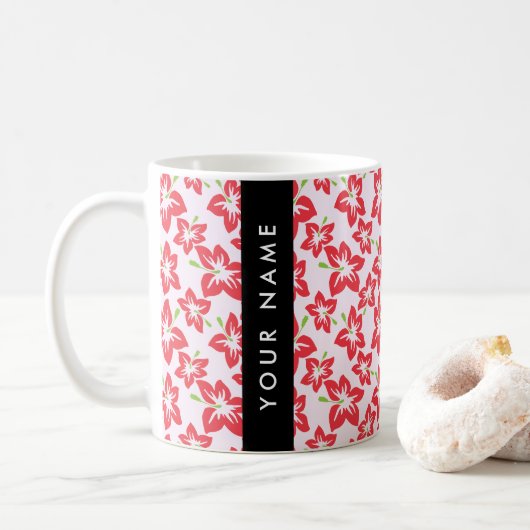 Mug Hibiscus rouge, Fleurs rouges, Votre nom (Avec donut)
