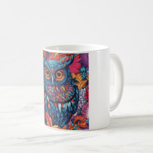 Mug Hibou Art Dessin hibou bleu et fleurs roses