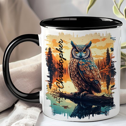 Mug Hibou au reflet de la forêt au coucher du soleil
