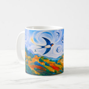 Mug Hirondelles volant au-dessus d'un paysage estival