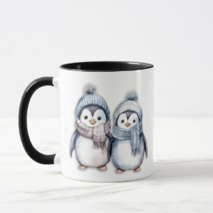 Mug Hiver Bleu Aquarelle Pingouins Écarts Casquette