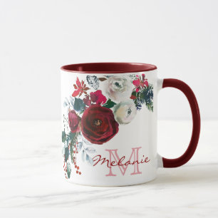 Mug Hiver Bourgogne Rose Floral Pine Bouquet Monogramm