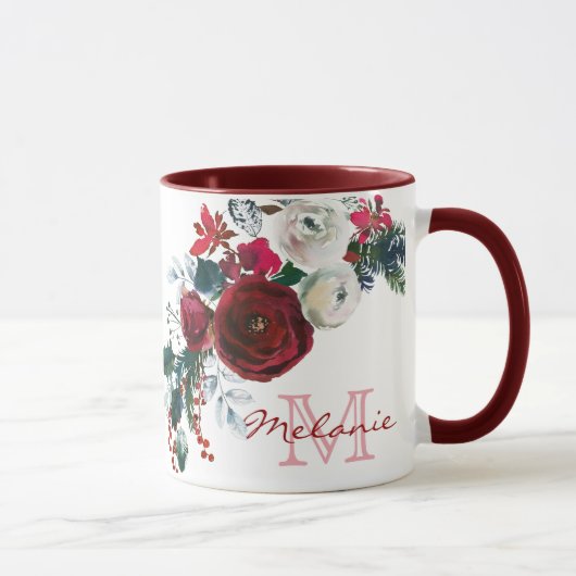 Mug Hiver Bourgogne Rose Floral Pine Bouquet Monogramm (Droite)