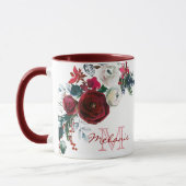 Mug Hiver Bourgogne Rose Floral Pine Bouquet Monogramm (Gauche)