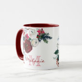 Mug Hiver Bourgogne Rose Floral Pine Bouquet Monogramm (Devant gauche)