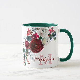 Mug Hiver Bourgogne Rose Floral Pine Bouquet Monogramm