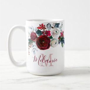 Mug Hiver Bourgogne Rose Floral Pine Branche Monogramm