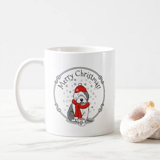 Mug Hiver (rouge) Vieux chien anglais (gris 1) Mignonn (Avec donut)