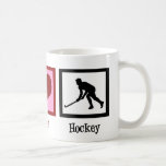 Mug Hockey sur gazon Peace Love<br><div class="desc">Le signe de paix, le coeur, et la silhouette d'un joueur de hockey sur gazon en action.</div>