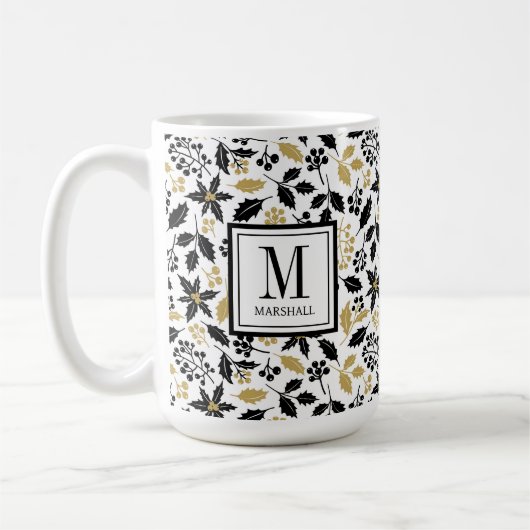 Mug Holly Berries Black Gold Name Monogram Christmas (Gauche)