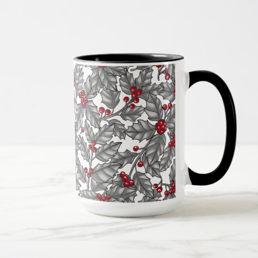 Mug Holly berry, feuilles gris sur blanc (Droite)
