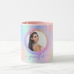 Mug Holographe photo rose violet nom script