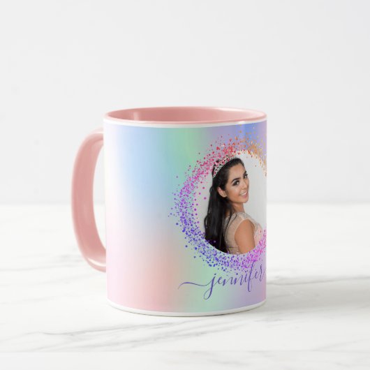Mug Holographe photo rose violet nom script (Devant gauche)