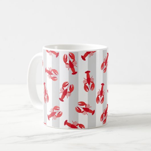 Mug Homards Rouges Illustrés sur Rayures Gris Clair (Devant gauche)
