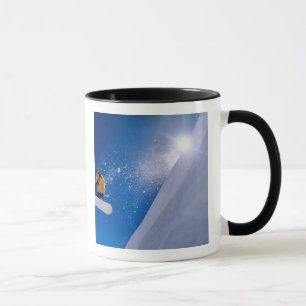 Mug Homme volant dans les airs sur un snowboard avec