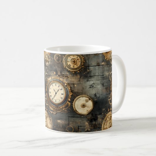 Mug Horloge Ancienne Steampunk Engrenages Bronze Noir (Devant droit)