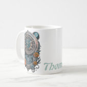 Mug Horloge Steampunk Ornate avec Roses. (Devant gauche)