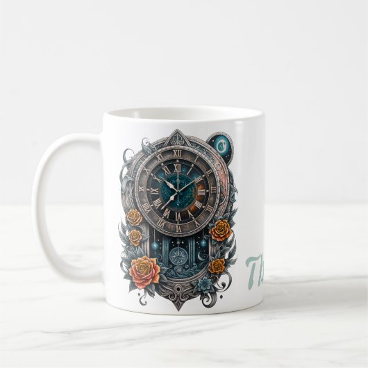 Mug Horloge Steampunk Ornate avec Roses. (Gauche)