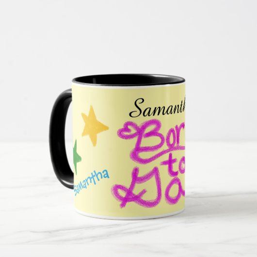 Mug Humour Jaune Rose Née pour Bavarder Nom (Devant gauche)