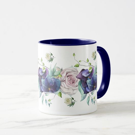 Mug Hydrangée bleue profonde et Roses (Devant droit)