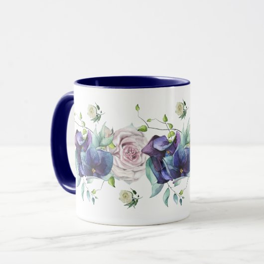 Mug Hydrangée bleue profonde et Roses (Devant gauche)