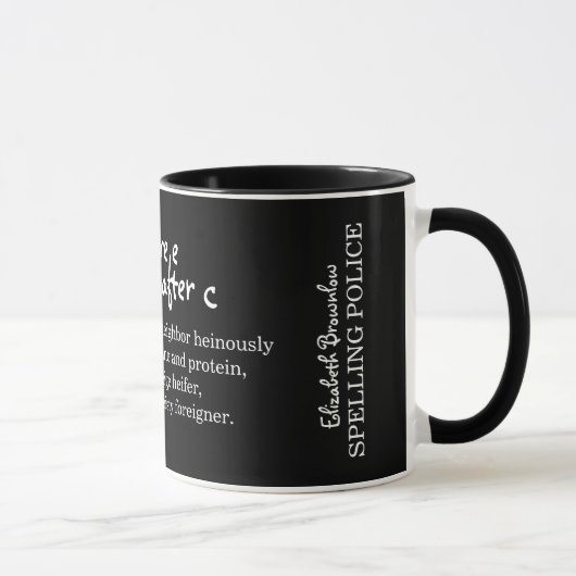 Mug I devant la police d'orthographe d'E personnalisée (Droite)