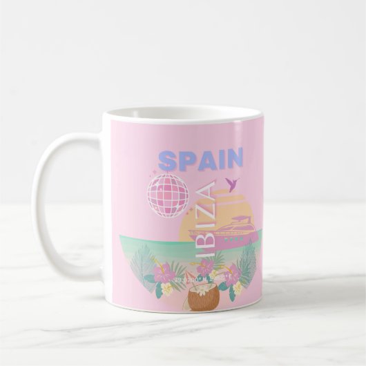 Mug Ibiza, Espagne, Art de voyage, Art Prépa, Rose (Gauche)