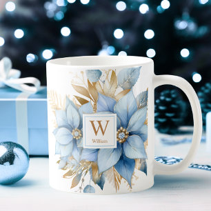 Mug Icy Blue Gold Poinsettia Noël MONOGRAMME