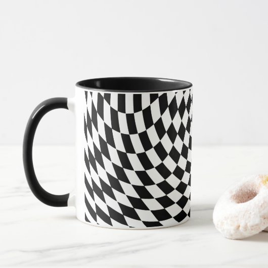 Mug Illusion optique blanche et noire À damiers vague (Avec donut)