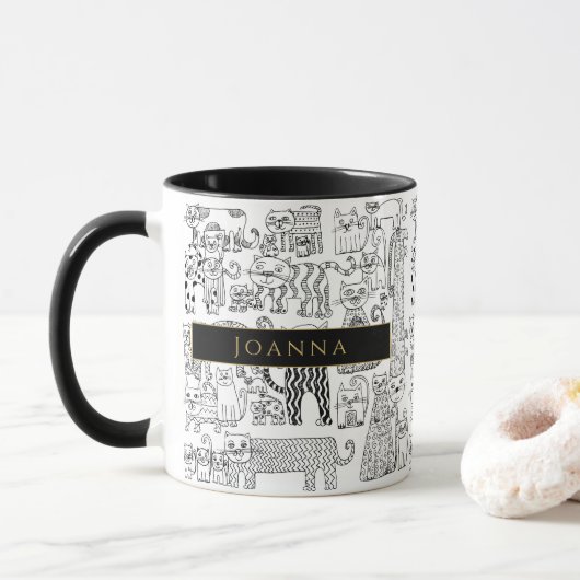 Mug Illustration de chats noirs et blancs Nom (Avec donut)