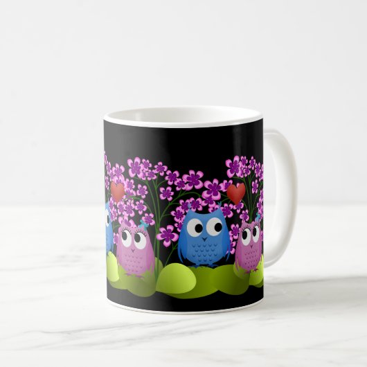 Mug Illustration de Chouette rose et bleue Inséparable (Devant droit)