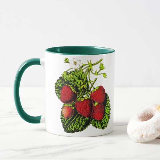 Mug Illustration de fraise botanique Imprimer sur blan (Avec donut)