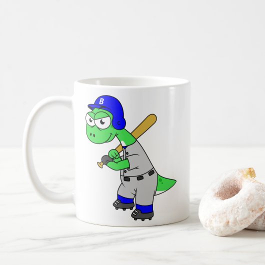 Mug Illustration D'Un Joueur De Baseball Brontosaurus. (Avec donut)