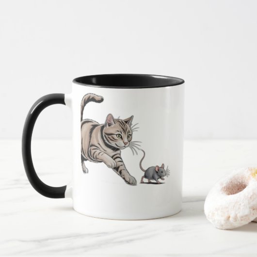 Mug Illustration d'une chasse animale drôle de chat po (Avec donut)
