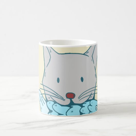 Mug Illustration of a cat eating fish. (Centre)