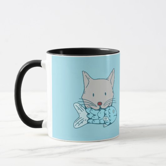 Mug Illustration of a cat eating fish. (Gauche)