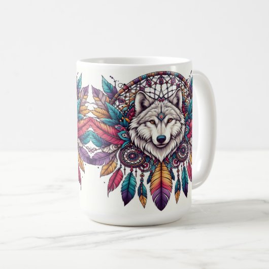 Mug Illustration Wolf avec Dreamcatcher style bohème (Devant droit)