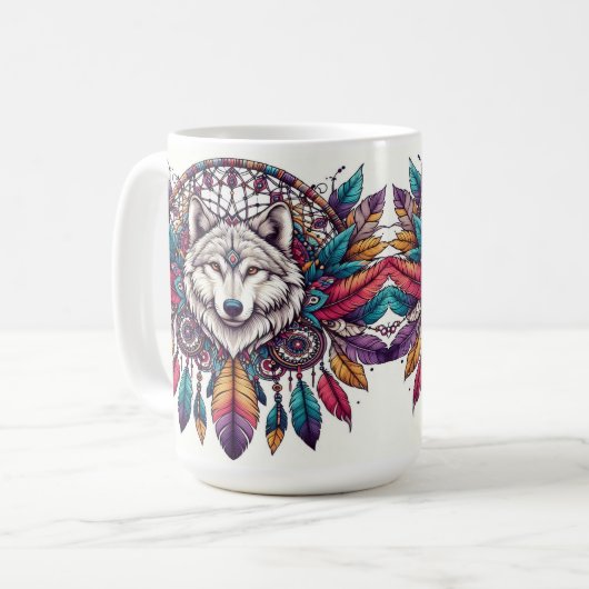 Mug Illustration Wolf avec Dreamcatcher style bohème (Devant gauche)
