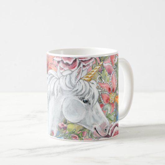 Mug Imaginaire mignon Unicorne rose Tropical Floral Gi (Devant droit)