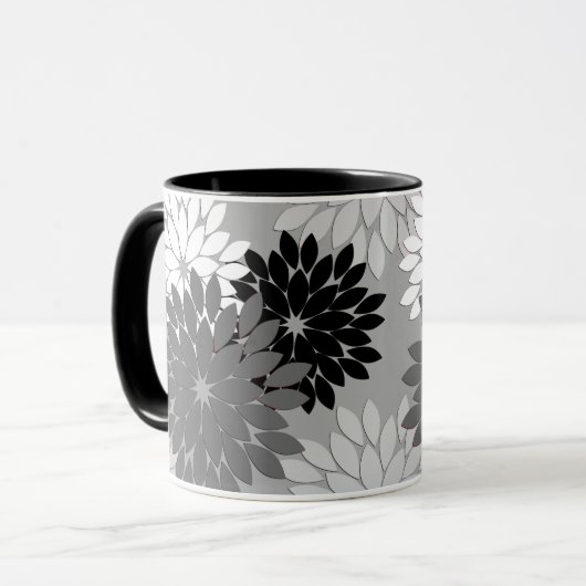 Mug Impression de kimono floral moderne, gris, noir et (Devant gauche)