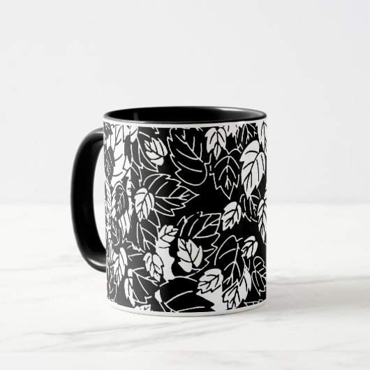 Mug Impression feuille japonaise, noir et blanc (Devant gauche)