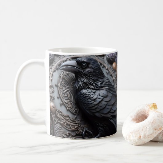 Mug Imprimé en 3D noir corbeau oiseau (Avec donut)