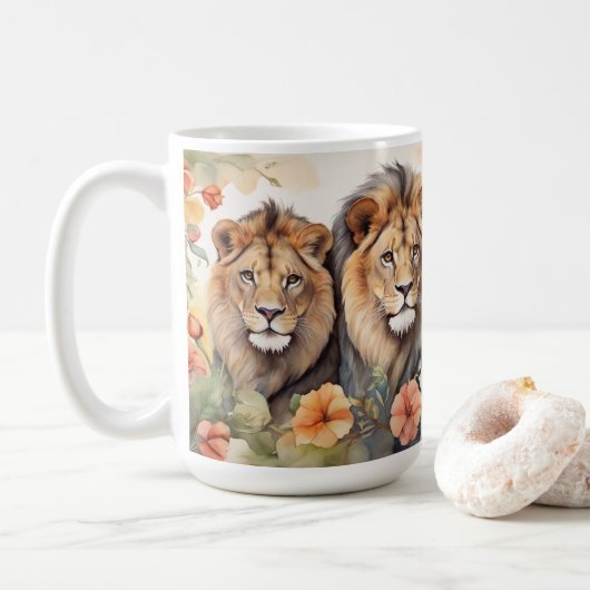 Mug Imprimer Lion majestueux et aquarelle florale (Avec donut)