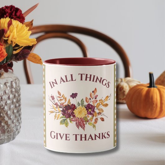 Mug In All Things Give Thanks Burgundy Gold Damask