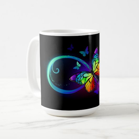 Mug Infini vibrant avec papillon arc-en-ciel sur noir  (Devant gauche)
