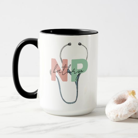 Mug Infirmière personnalisée Praticien Rétro NP Nom Ca (Avec donut)