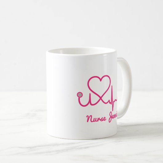 Mug Infirmière personnalisée rose Nom Stethoscope Coeu (Devant droit)